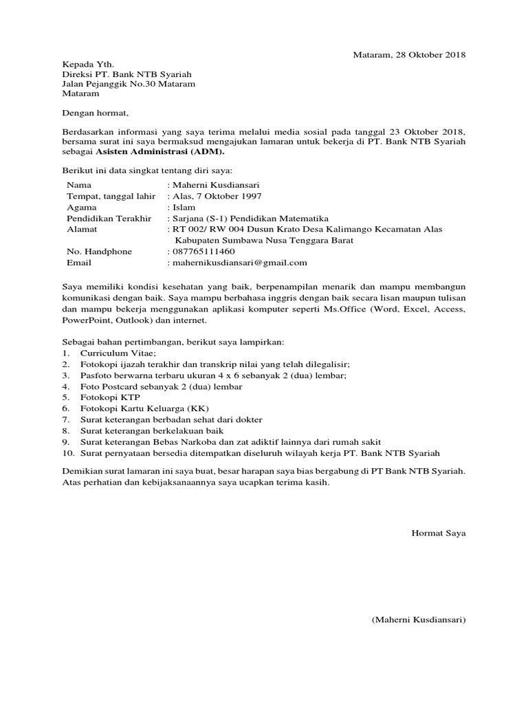 Contoh Surat Lamaran