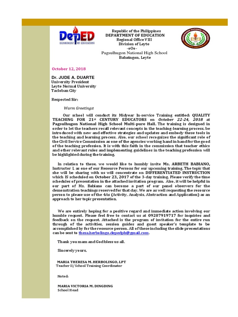 Speakers' Invitation Letter 2018 Midyear Inset Final PDF Teachers