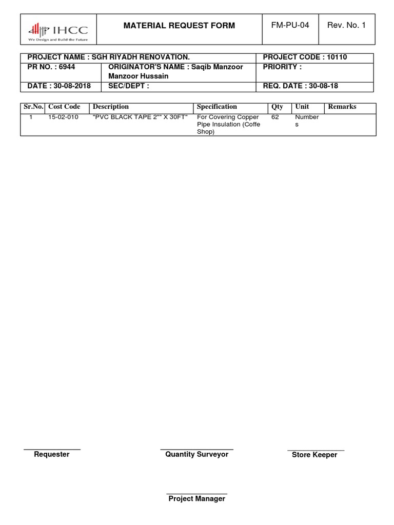 Material Request Form: SR - No. Cost Code Description Specification Qty ...