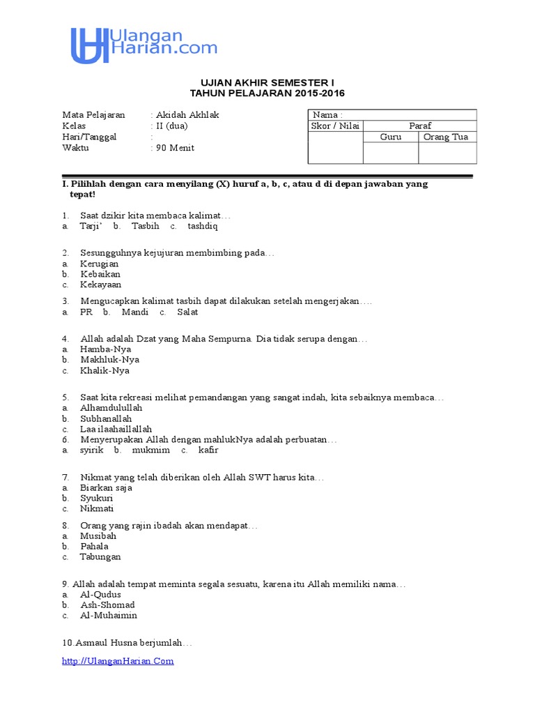 Soal Uas Aqidah Akhlak Kelas 2 Sdmi Semester 1