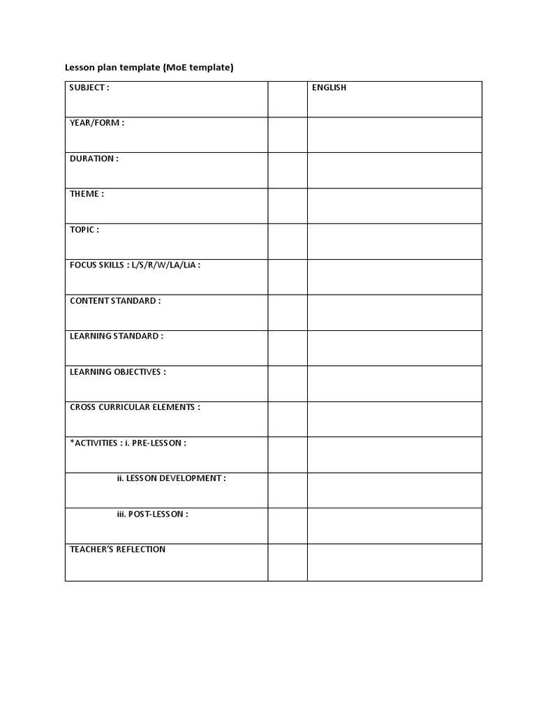 MoE Lesson Plan Template for English | PDF | Lesson Plan | Neuropsychology