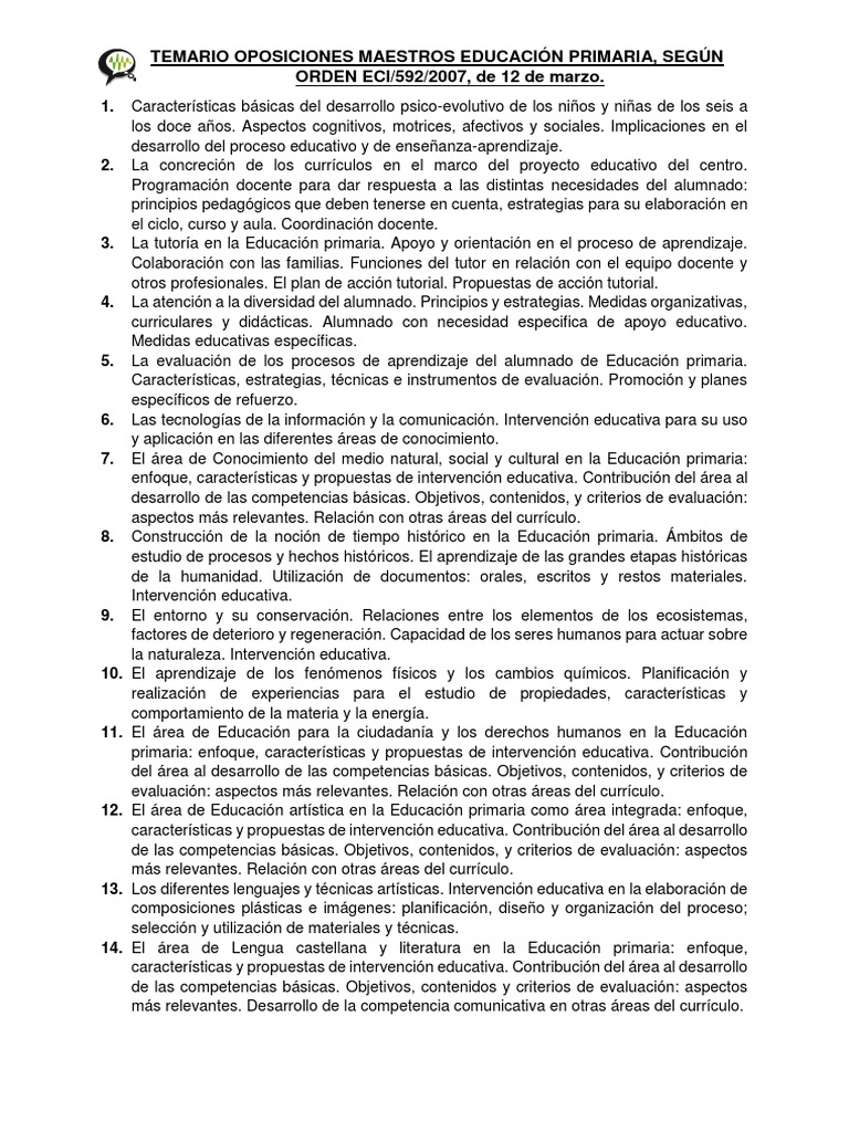 Temario Oposiciones Maestros Primaria | PDF | Educación primaria | Plan ...