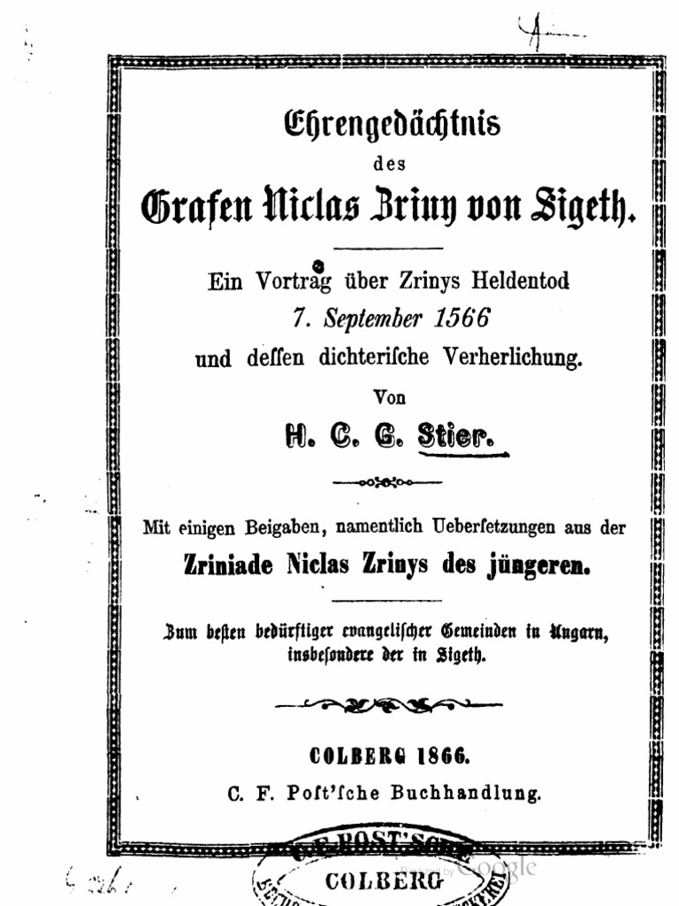 Ehrengedachtnis Des Grafen Niclas Zriny
