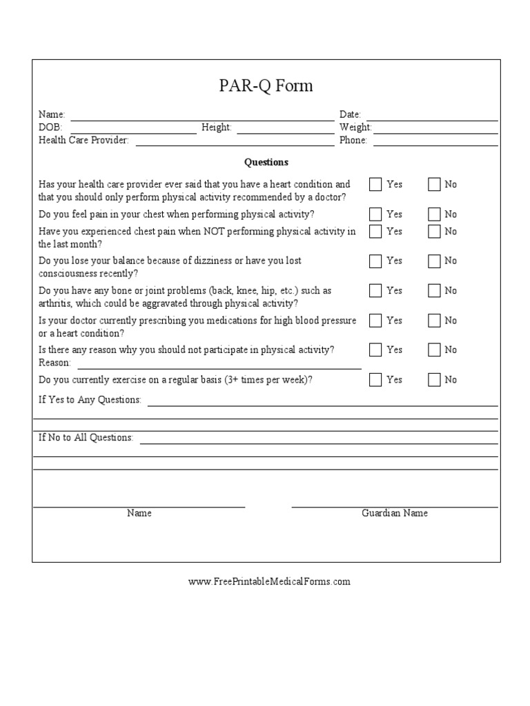 PARQ Form Questions PDF