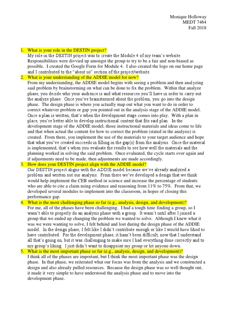 DESTIN Project & ADDIE Model Insights | PDF | Education Theory ...