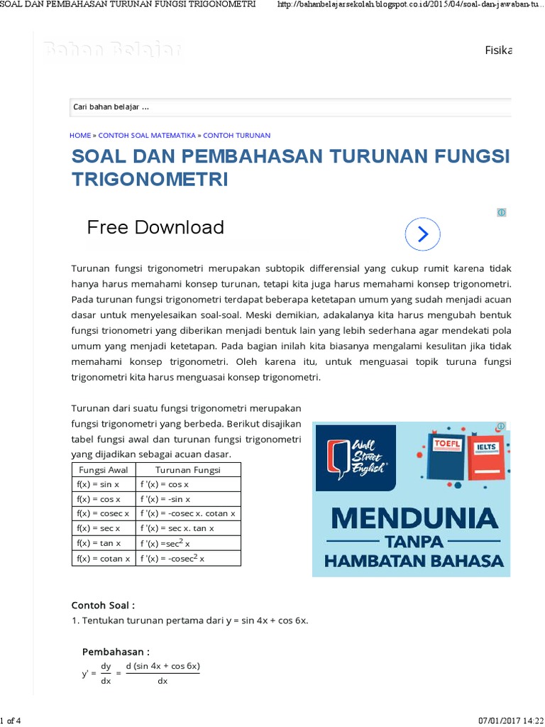 Soal Dan Pembahasan Turunan Fungsi Trigonometri