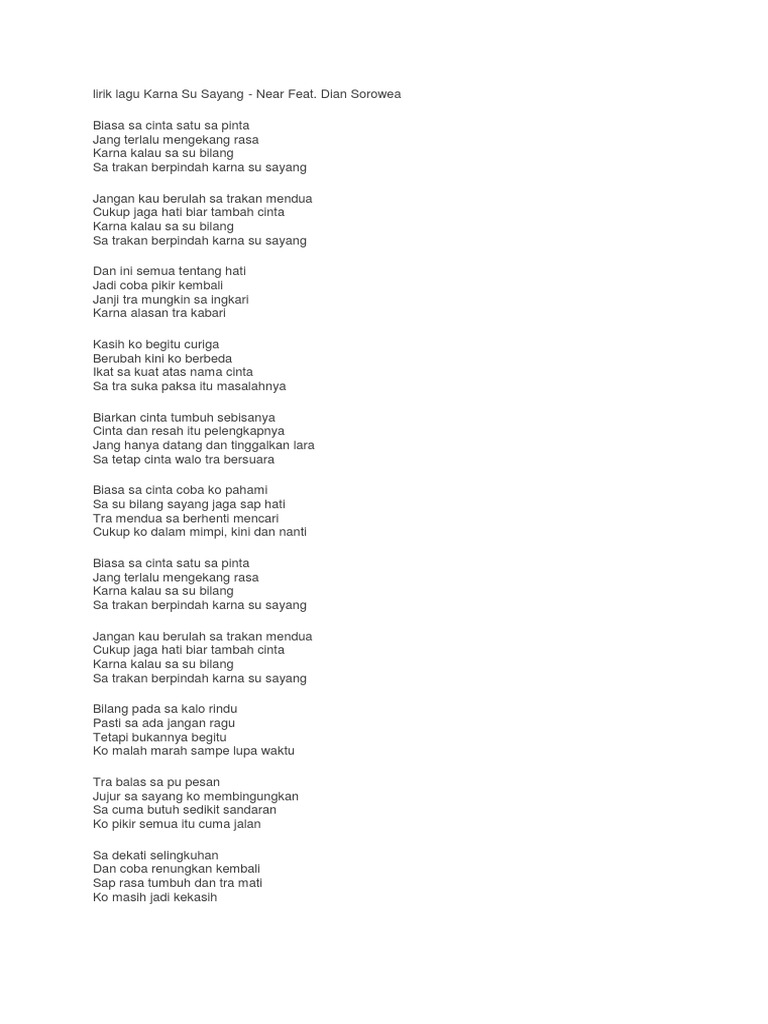 Lirik Lagu Karna Su Sayang