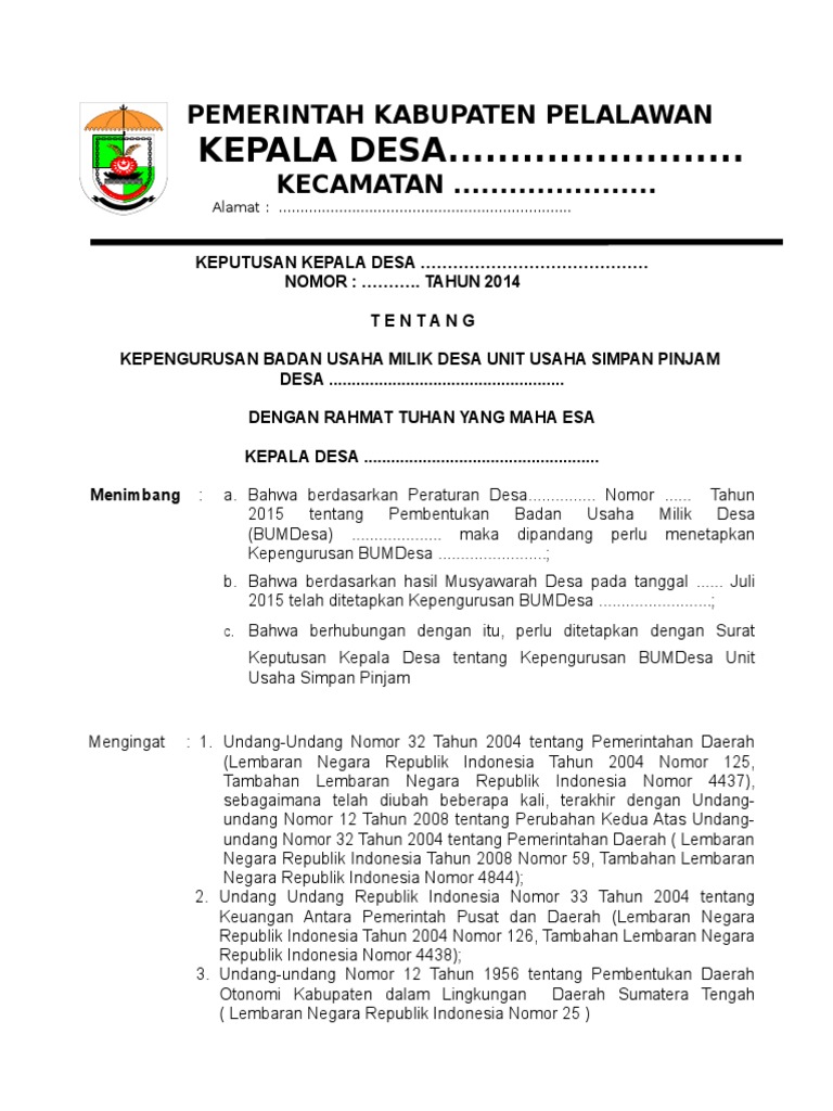 Contoh SK Kades Ttg Direktur BUMDes