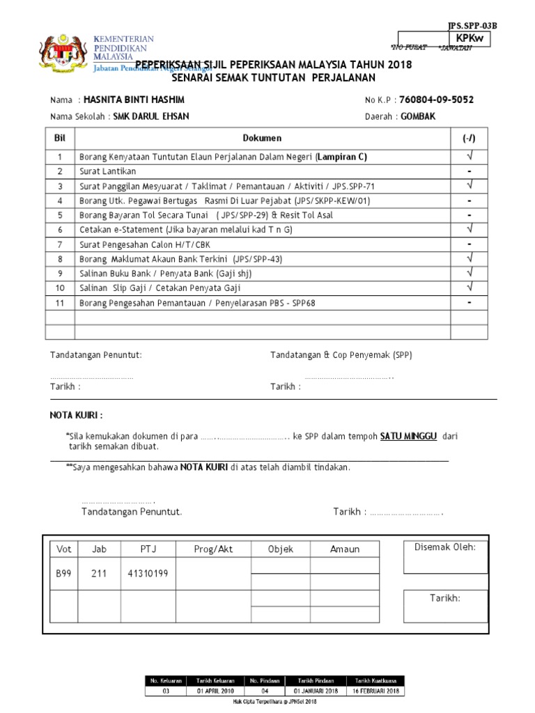 Jps Spp 03b Senarai Semak Dokumen Tnt Perjalanan Pdf