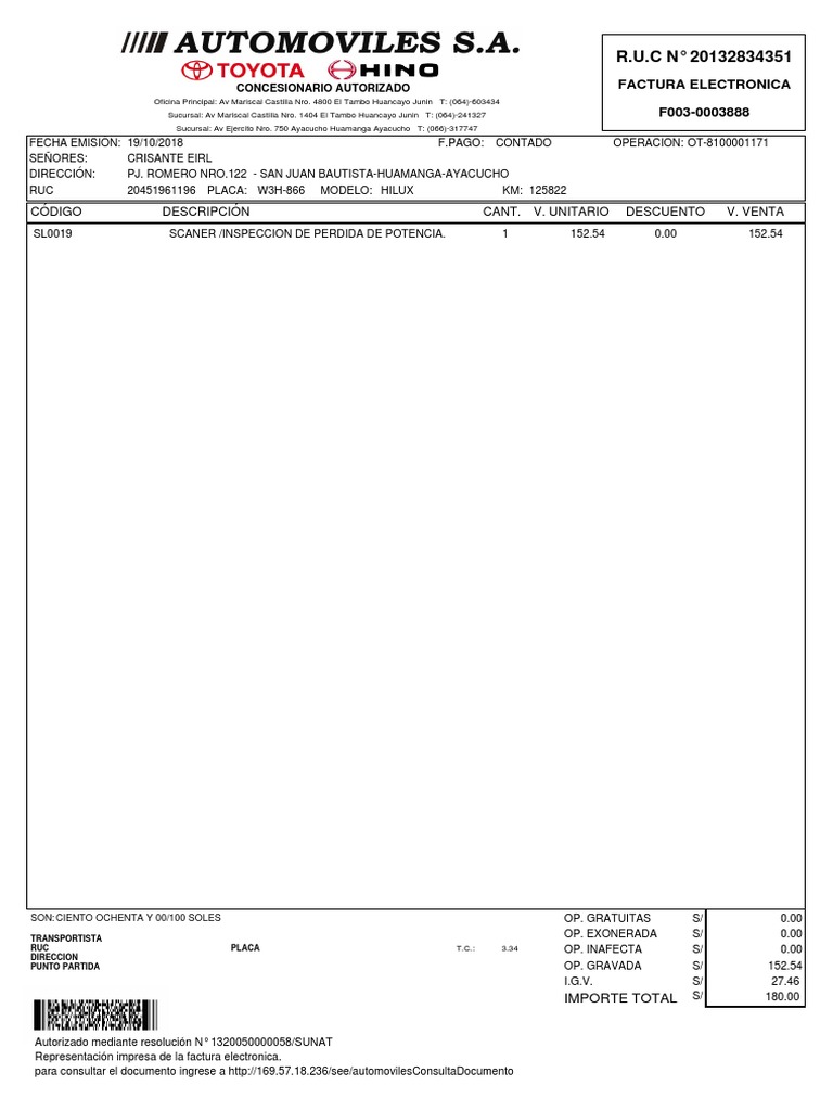 Factura de Toyota