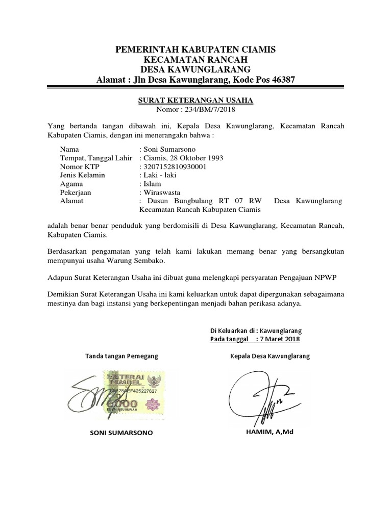 Contoh Surat Keterangan Usaha Warung Guru Paud 