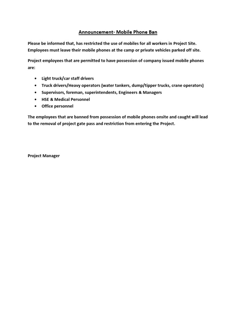 Mobile Phone Ban at Project Site | PDF | Home & Garden | Technology ...