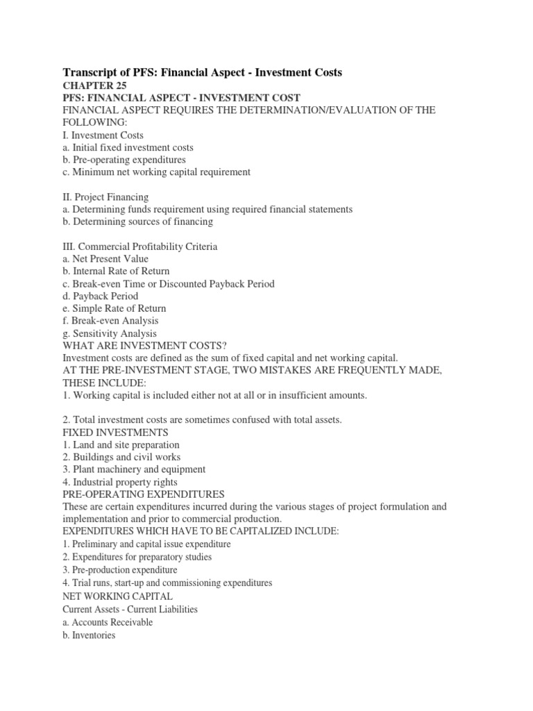 Transcript of PFS: Financial Aspect - Investment Costs | PDF | Net ...