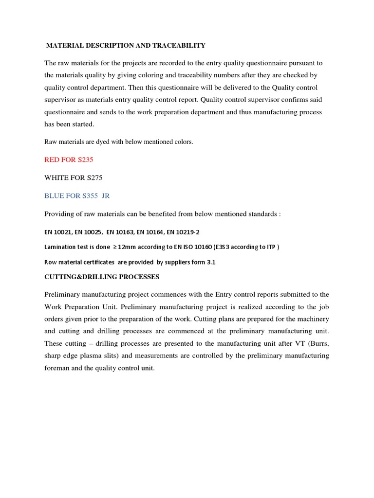Material Description and Traceability | PDF