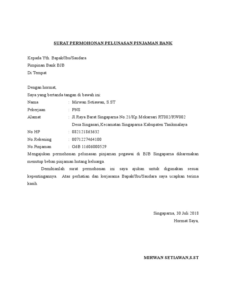347503075 Surat Permohonan Pelunasan Pinjaman Bank Contoh surat pengajuan pinjaman bank.