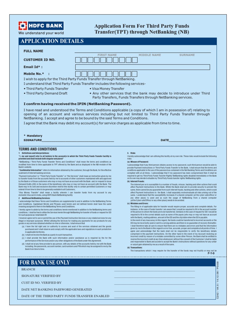 HDFC Third Party Transfer Activate form | Visa Inc. | Banks