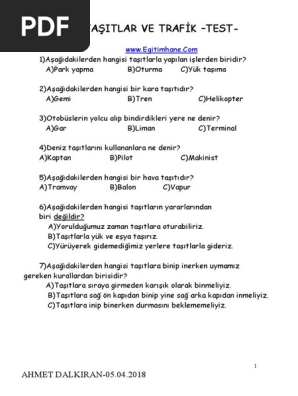 2 Sinif Hayat Bilgisi Tasitlar Ve Trafik Testi