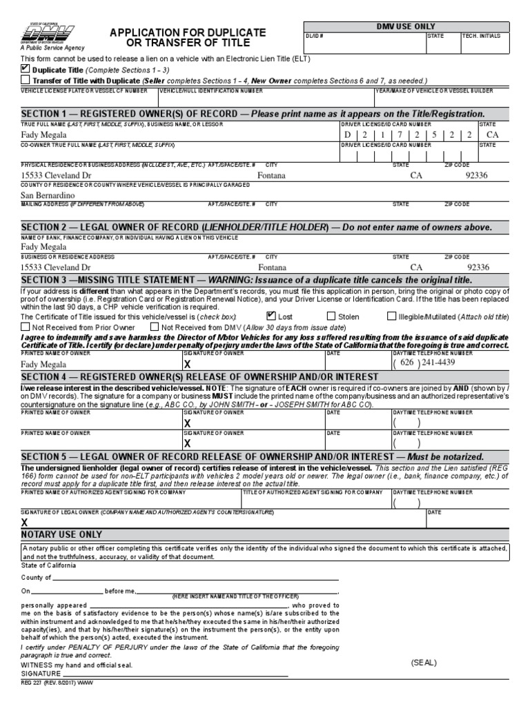 DMV Duplicate Title Application | PDF | Department Of Motor Vehicles ...