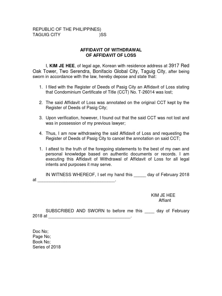 Withdrawal of Affidavit of Loss Document | PDF