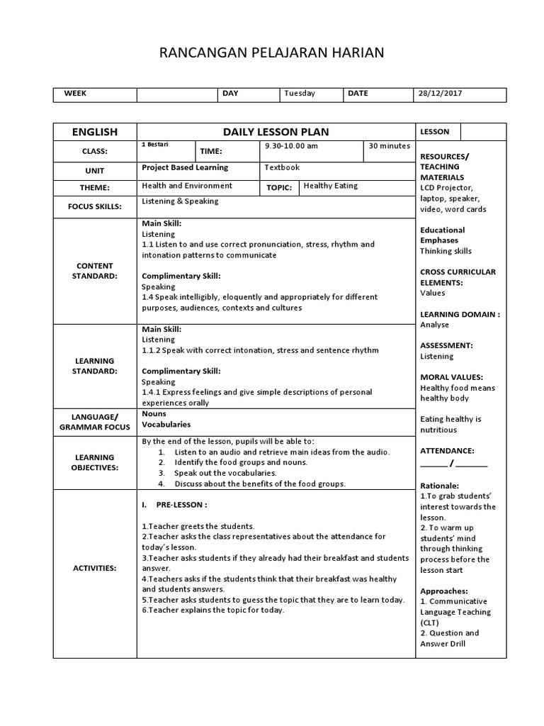 English KSSM CEFR Aligned Lesson Plan Template | PDF | Lesson Plan ...