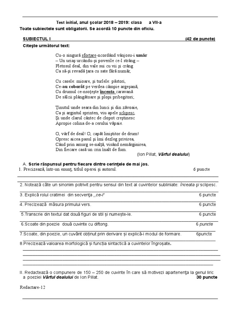 Test Initial Clasa A VII-a | PDF