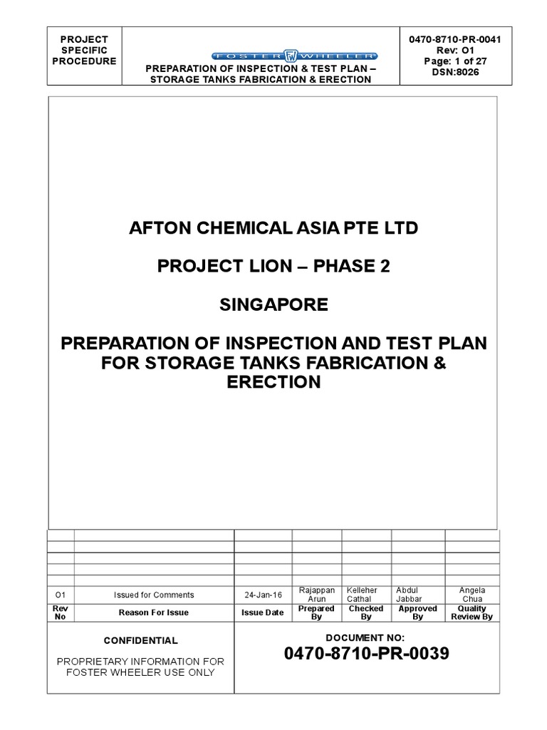 Prepration Of Itp For Storage Tanks Fabrication Erection Nondestructive Testing Structural Steel