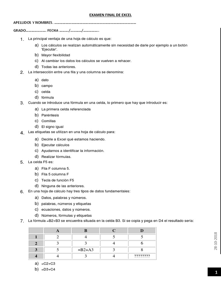Examen Final de Excel para Primaria | PDF | Hoja de cálculo | Microsoft ...