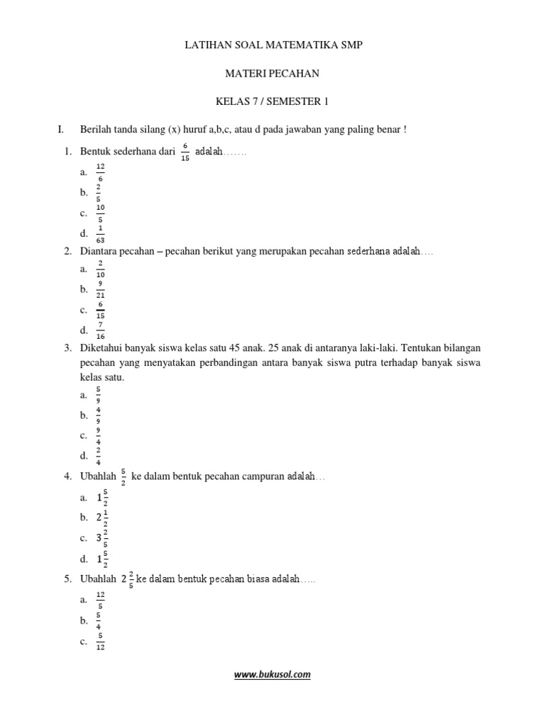 Latihan Soal Matematika Pecahan Smp Terbaru Docx