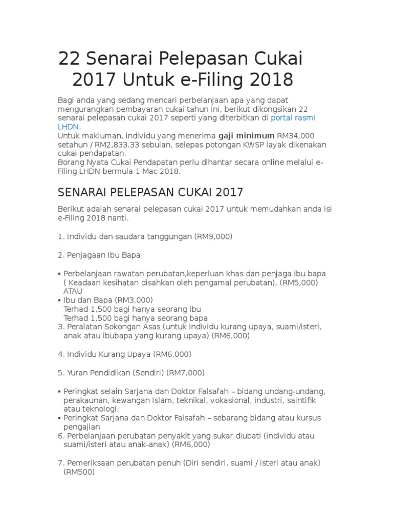 22 Senarai Pelepasan Cukai 2017 Untuk E Pdf