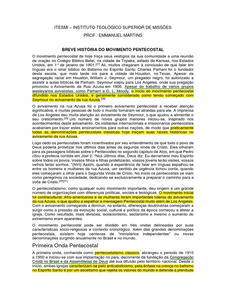 Breve História Do Movimento Pentecostal Pdf Pentecostalismo