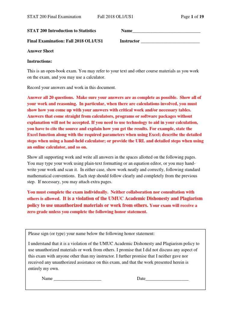 STAT 200 Final Exam Instructions | PDF | P Value | Statistical ...