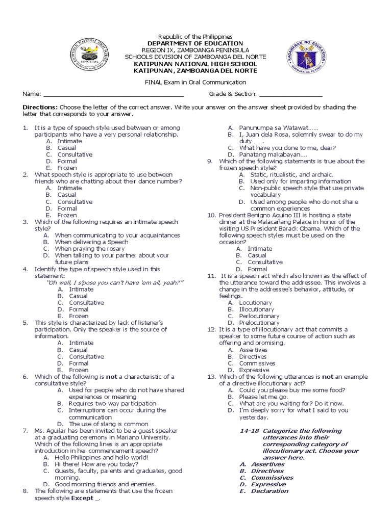 FINAL EXAM Exam in Oral Communication Conversation Nonverbal