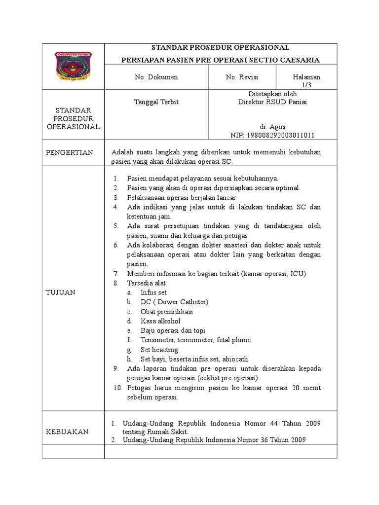 Sop Persiapan Pasien Pre Operasi Sectio Caesaria