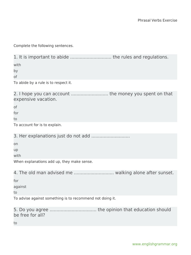 Phrasal Verbs Exercise | PDF | Language Arts & Discipline | Self ...