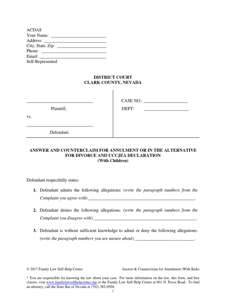 Annulment Counterclaim Kids PDF PDF Child Support Child Custody