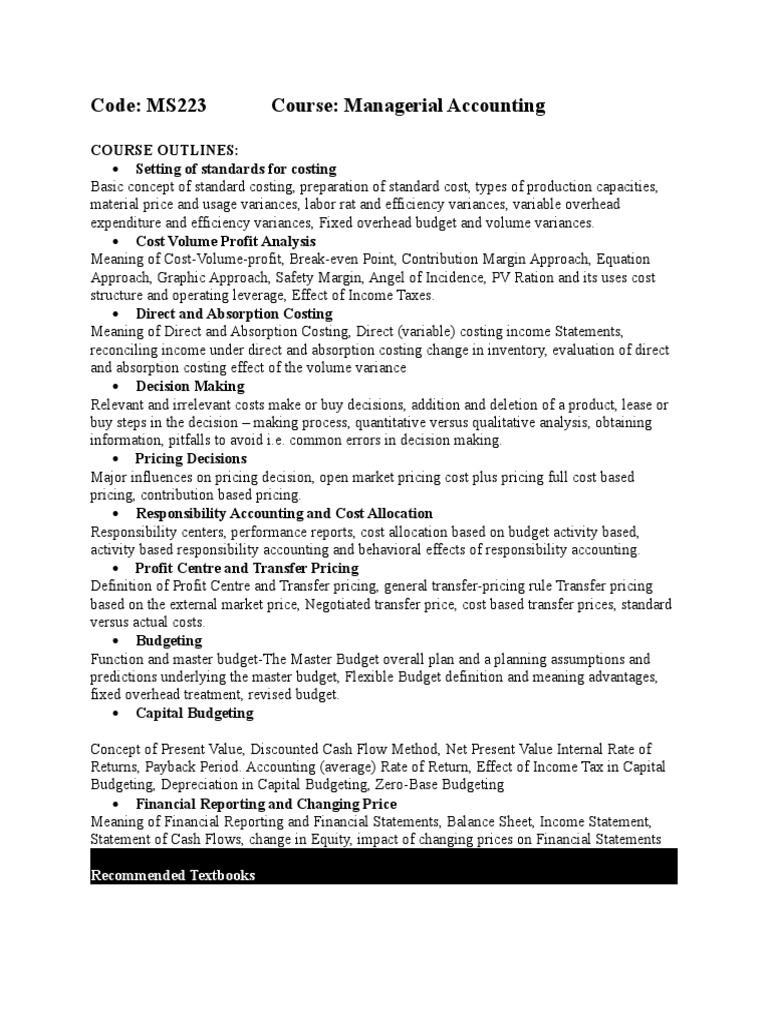 Managerial Accounting Course Outline | PDF | Pricing | Cost