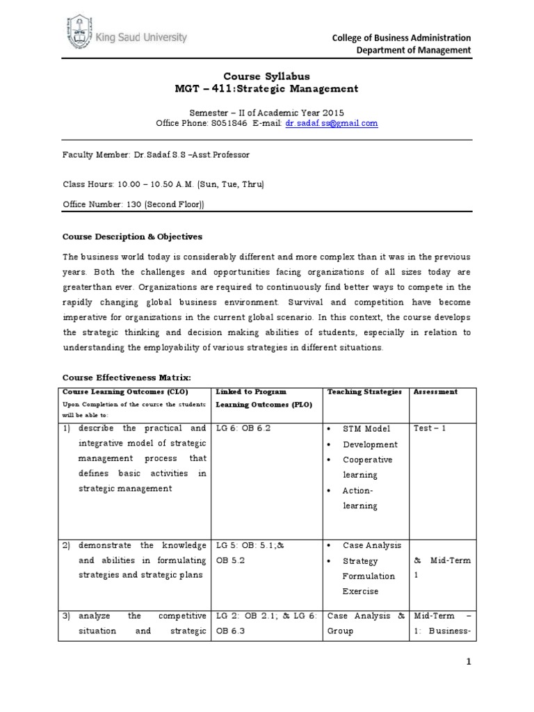 Strategic Management Course Syllabus | PDF | Strategic Management ...
