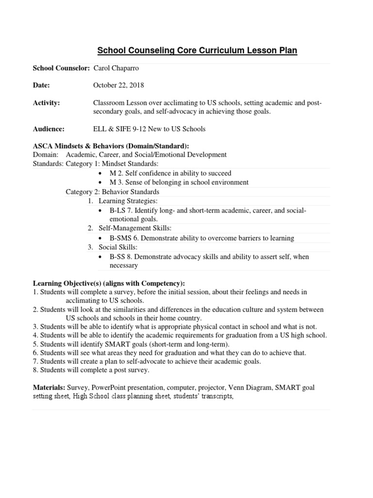 School Counseling Core Curriculum Lesson Plan School Counselor Goal