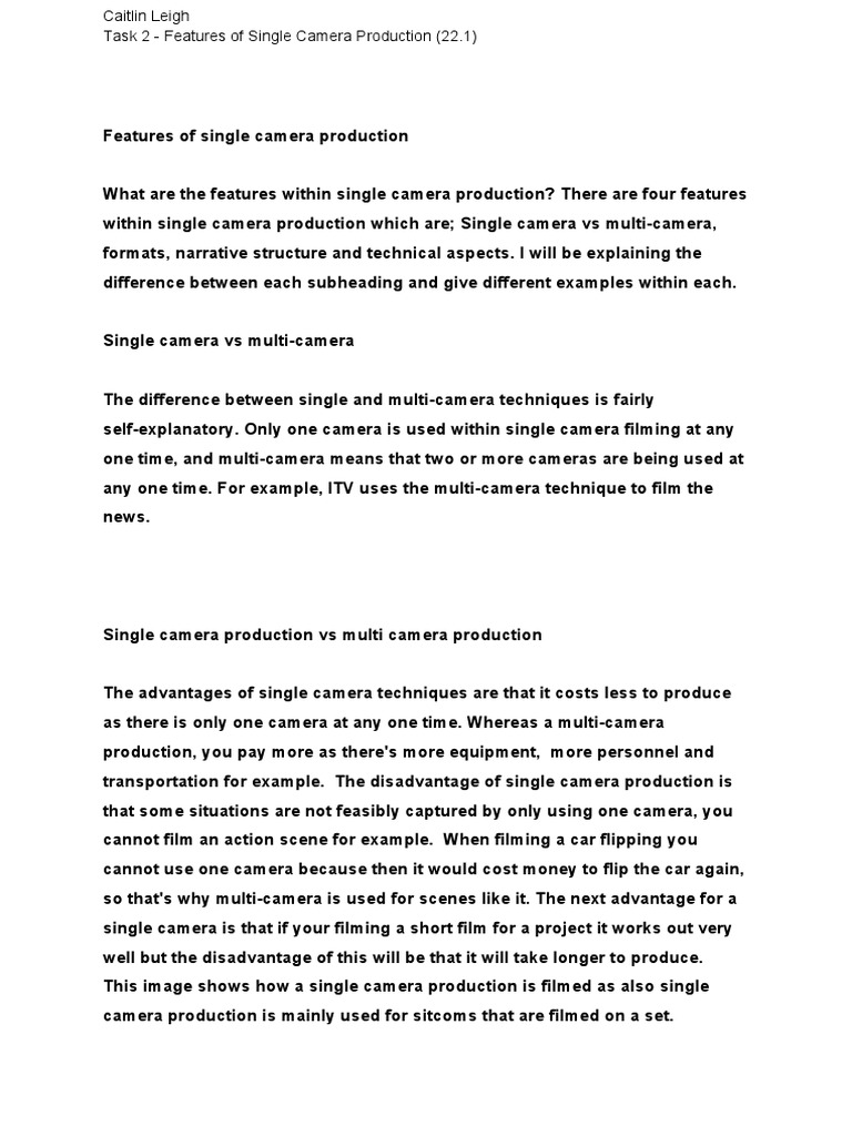 Features of Single Camera Production (22.1) PDF PDF Entertainment