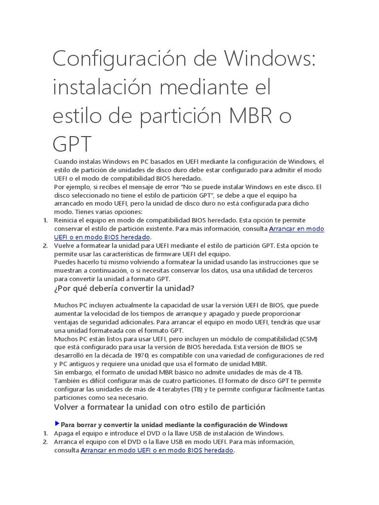 Instalación Windows: MBR vs GPT | PDF | Bios | Arquitectura X86