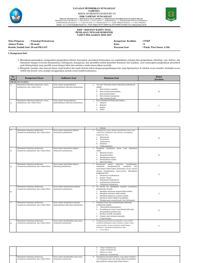 Kisi2 Soal Teknologi Perkantoran