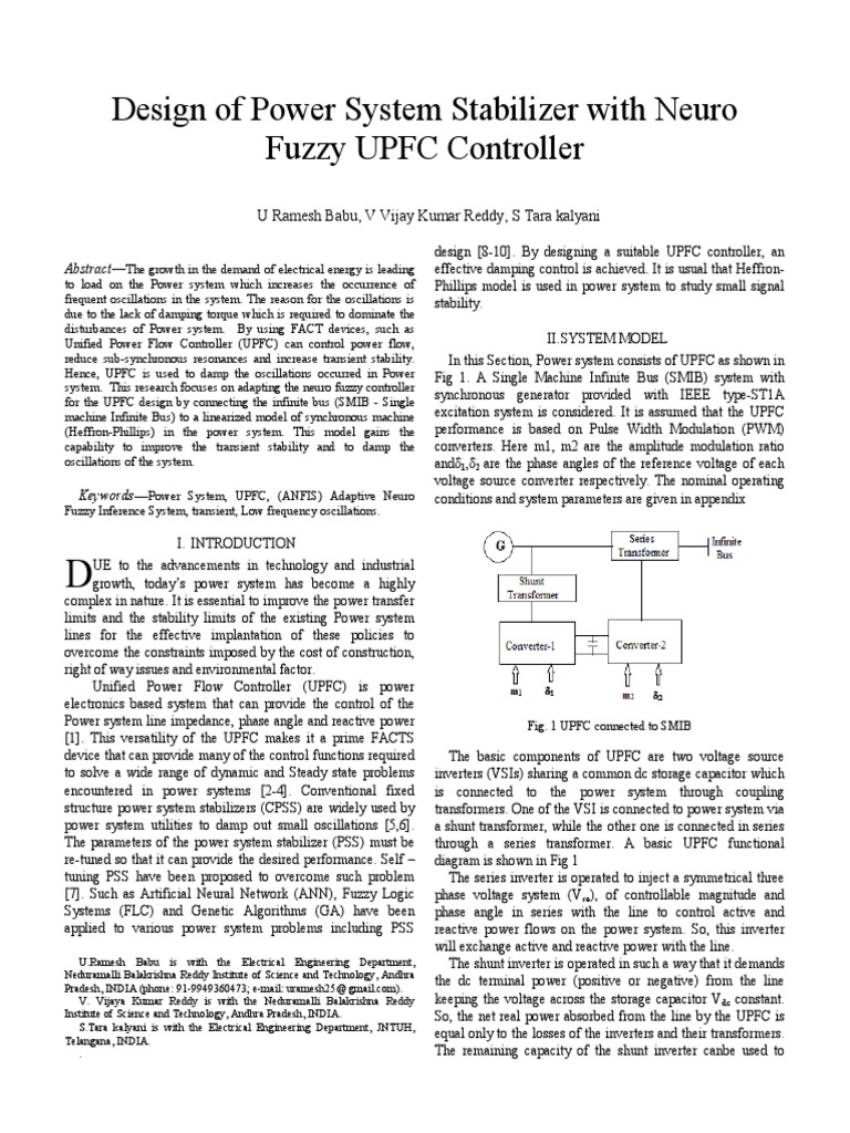 Design of Power System Stabilizer With Neuro Fuzzy UPFC Controller ...
