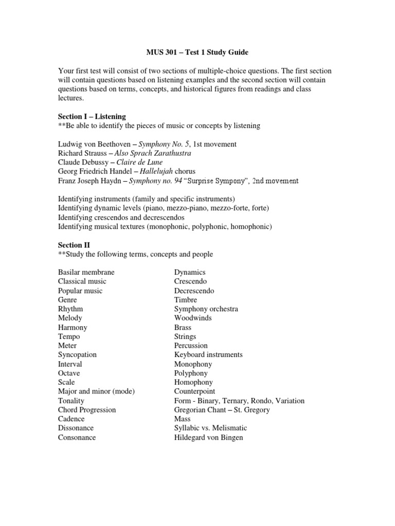 MUS 301 Test 1 Study Guide Overview | PDF