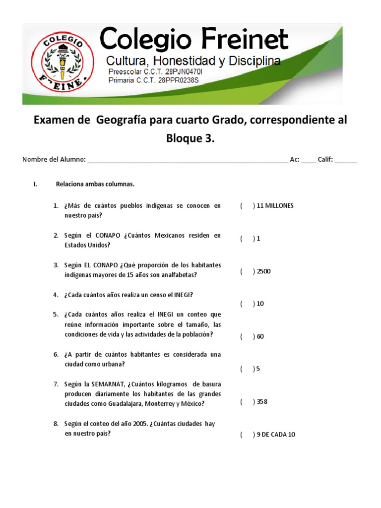 Examen de Geografía para Cuarto Grado | PDF | Migración humana ...