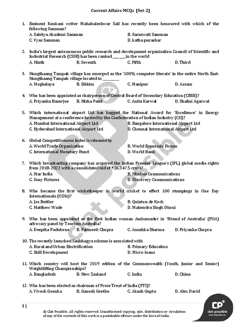 Current Affairs Mcqs (Set-2) | PDF | Sports | Business