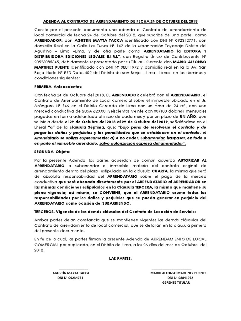 Adenda Al Contrato de Arrendamiento | PDF | Gobierno