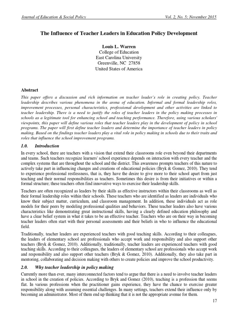 Influence of Teachers Leadership | PDF | Leadership | Teachers