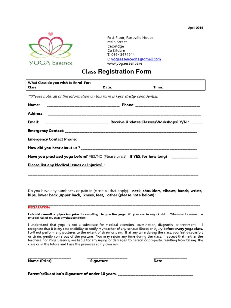 Class Registration Form | PDF | Yoga | Cheque