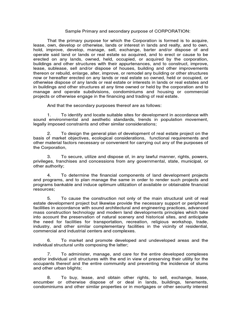 Sample Primary and Secondary Purpose of CORPORATION Condominium Lease