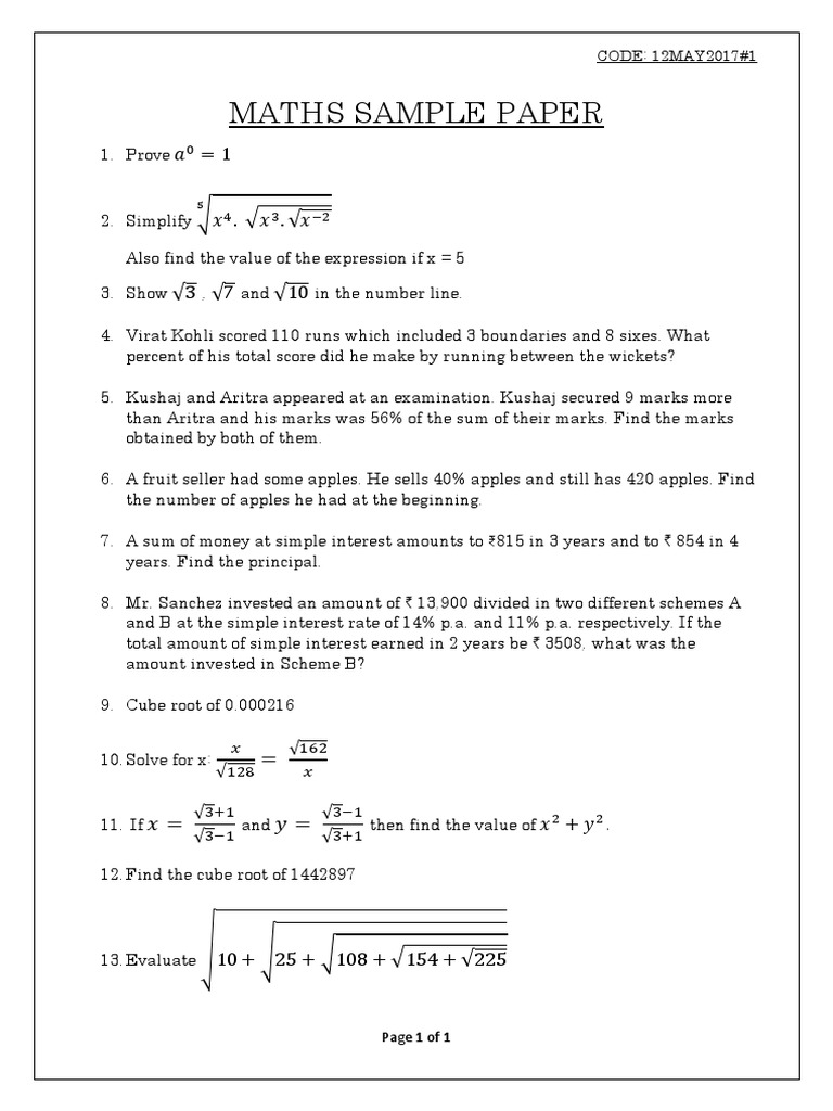 Maths Sample Paper with Solutions | PDF